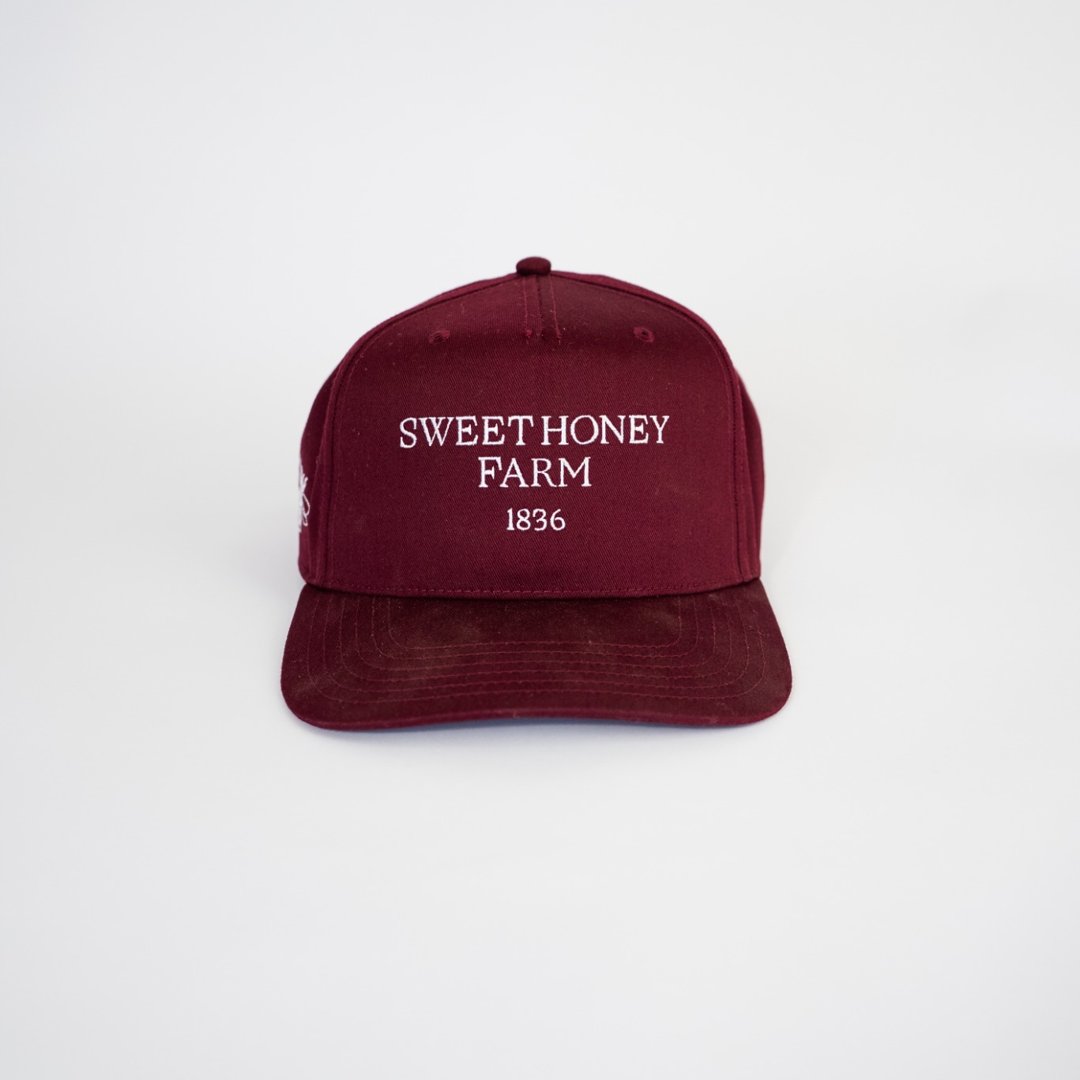 Classic maroon 5-panel snapback hat front view – Sweet Honey Farm